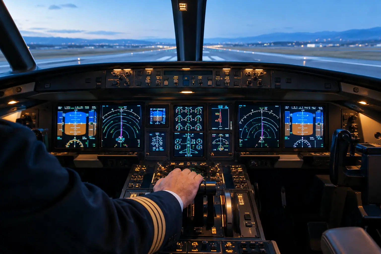 Business jet cockpit before departure