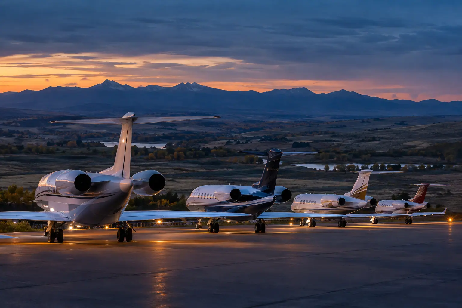 Business jets of different sizes on a ramp